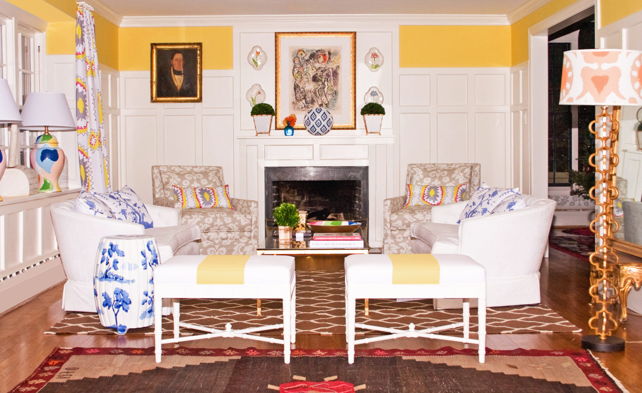 dana gibson, main image, fireplace, yellow, living room