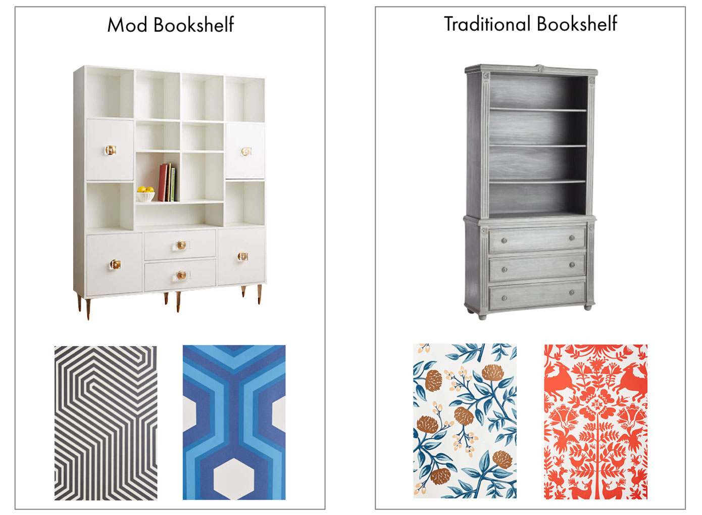 diy, bookshelf, bookcase, wallpaper, traditional, mod, transformation