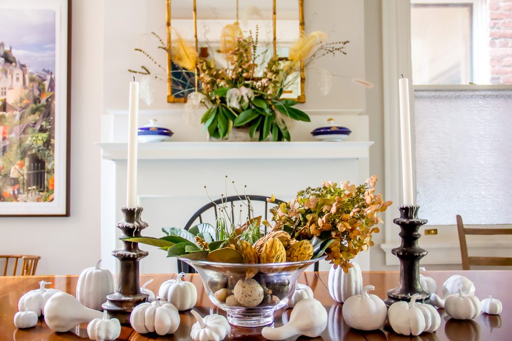 dining room, fall decorations, floral, diy, hanover avenue, victorian townhouse