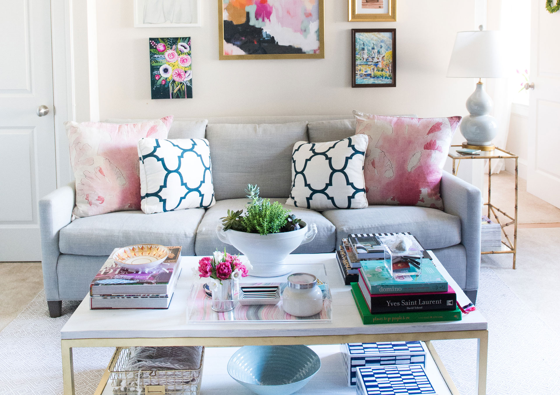 mintwood home, living room, washington dc, apartment, bachelorette pad, grey, pink, navy, art wall