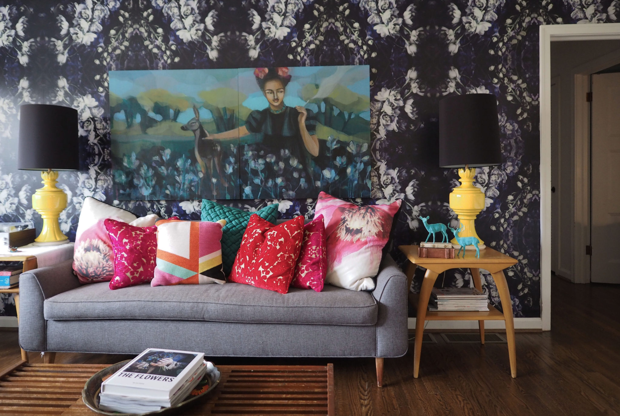 ashley woodson bailey, living room, wallpaper, prints, florals